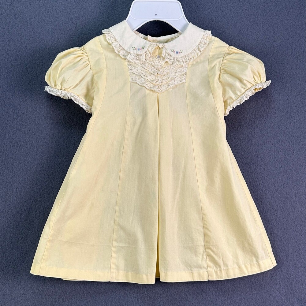 VTG 1950s LHB Art Frocks Baby Infant Dress Tie Back Pale Yellow Peter Pan Collar